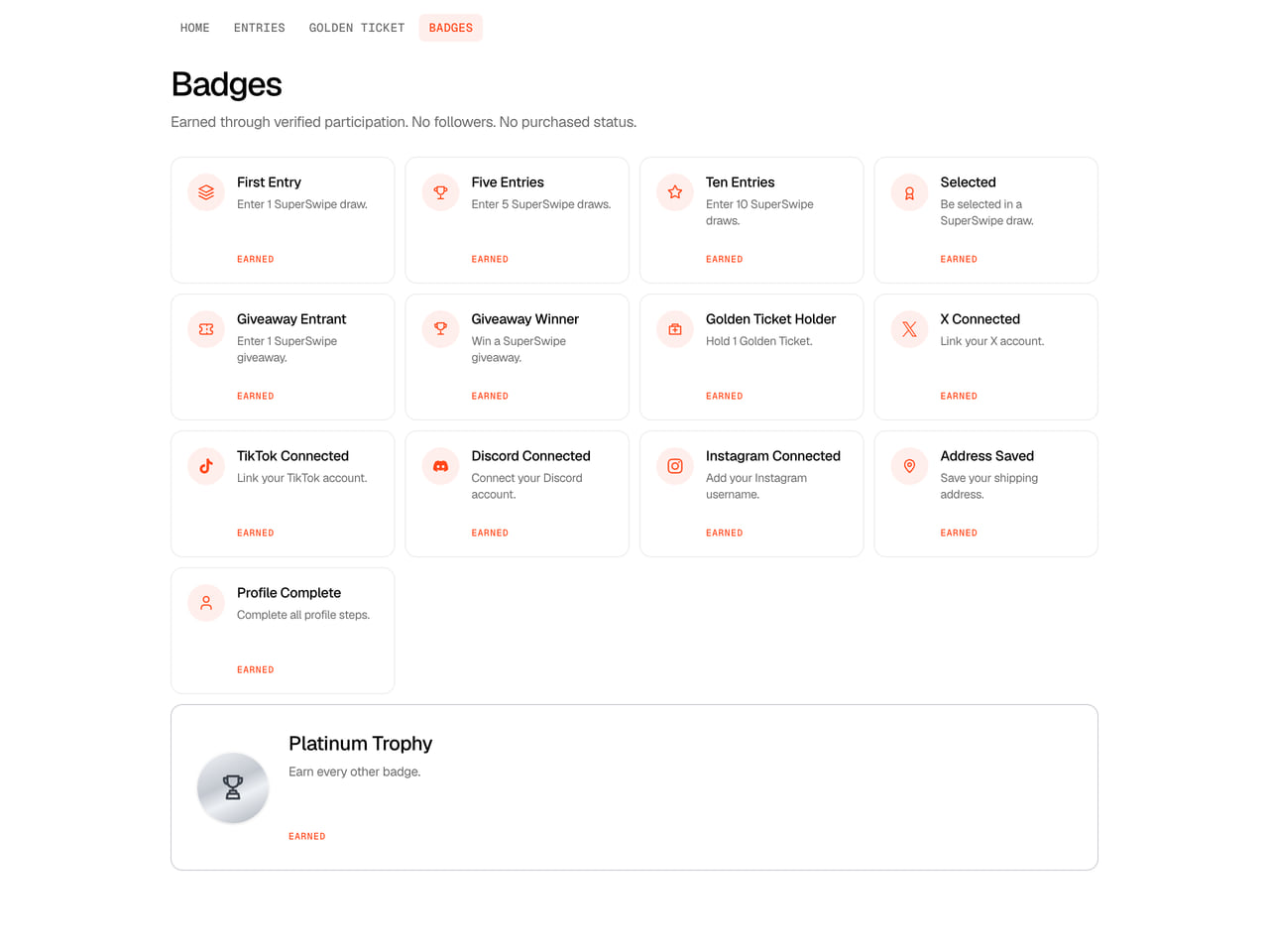 The Badges tab in a SuperFan account showing earned badges and the Platinum Trophy