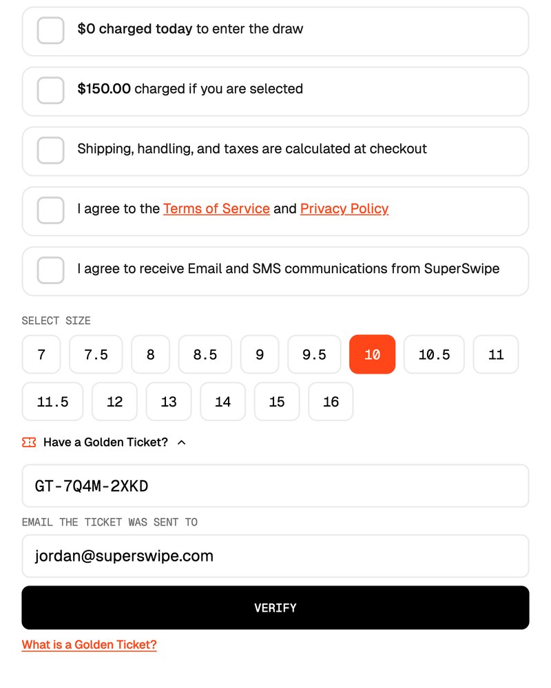 Golden Ticket panel on a storefront size selector with a code and the ticket email entered, ready to verify